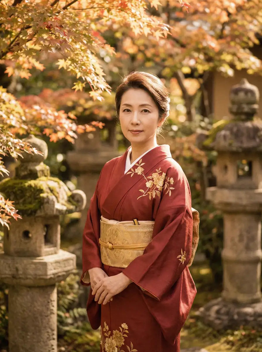 一位身穿暗红色和服的优雅 91助手安卓版 在日式庭院中