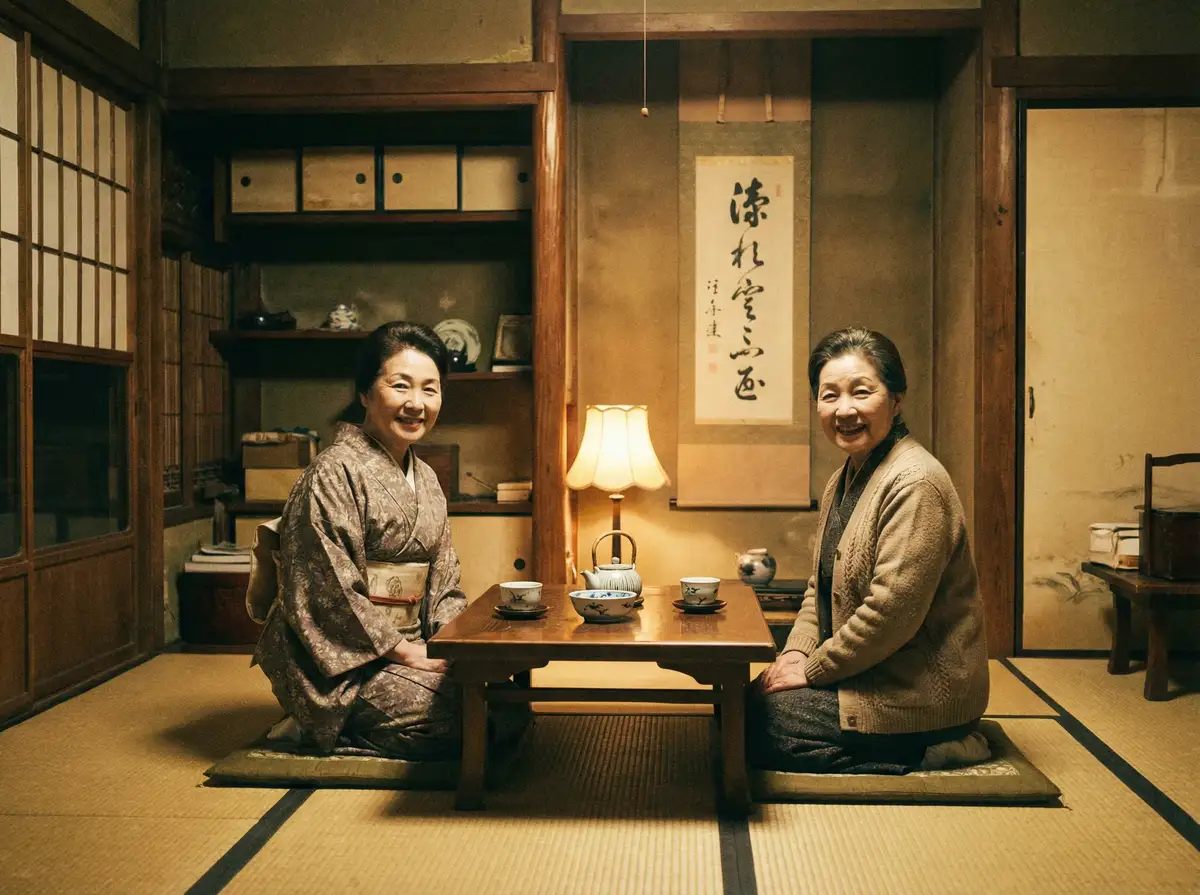 两位优雅的 91助手安卓版 在日式茶室中品茶交谈